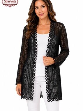 M3 Bette Paige Black Open Front Crochet Cardigan Size Medium Sheer Stretch Knit